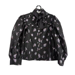 Dream Sister Jane Black Metallic Floral Ribbon Bow Tie Sheer Blouse Womens Large
